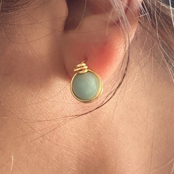 Soft Blue amazonite halo style gold stud earrings/ healing crystal - Picture 2 of 8